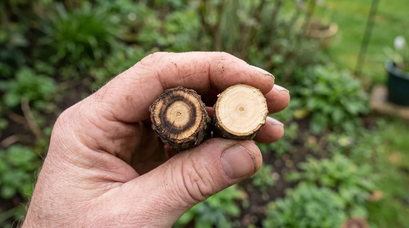 Cut branch cross-sections comparing a brown vascular ring in wilted wood with pale healthy wood