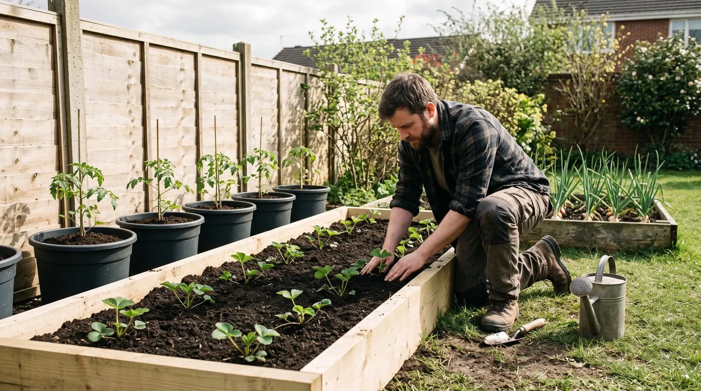 Man planting strawberry runners in a raised bed of fresh compost, with tomatoes in pots behind