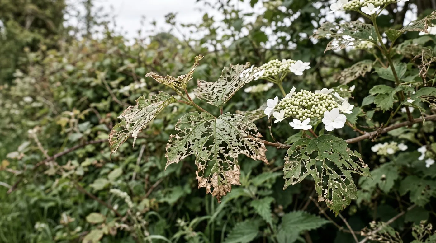 Guelder rose leaves shredded with holes by viburnum beetle larvae in late spring