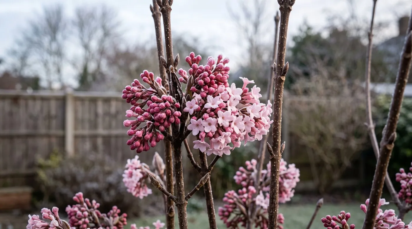 Pink scented flower clusters of Viburnum bodnantense Dawn on bare stems in winter frost