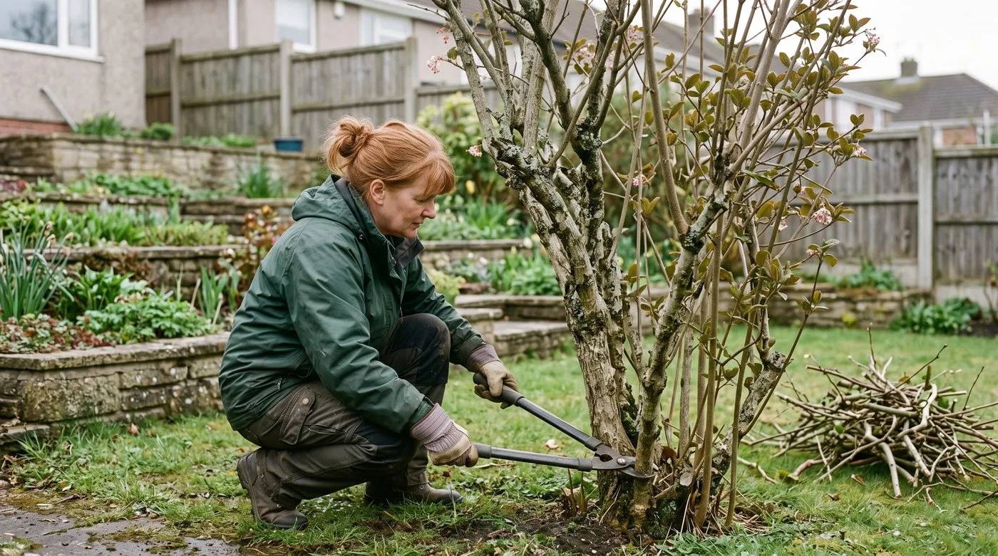 Gardener cutting one of the oldest viburnum stems at ground level with loppers in spring