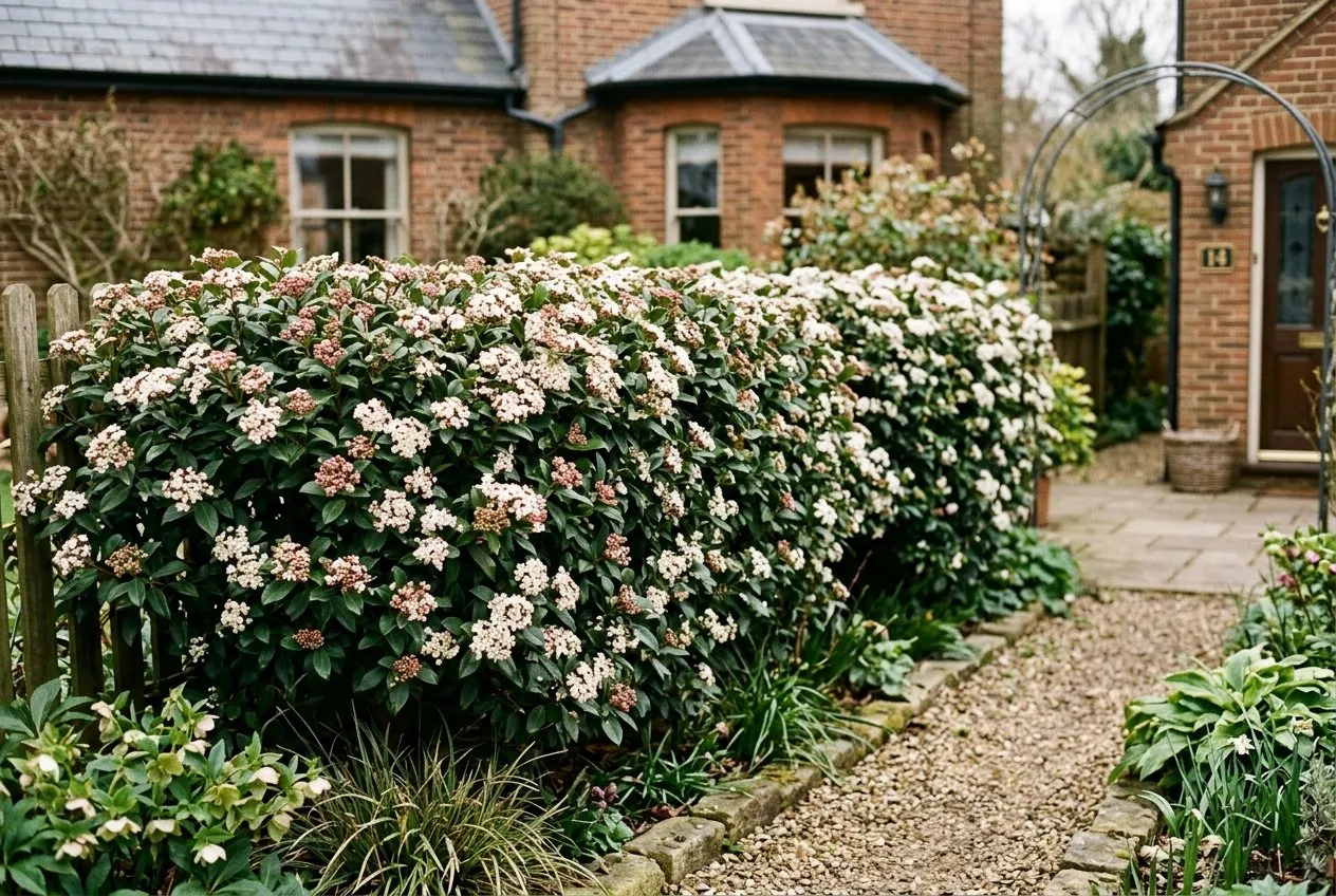 Viburnum tinus laurustinus growing as an evergreen hedge with white flowers in a UK front garden