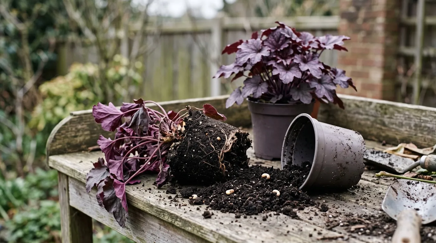 Wilted heuchera tipped from its pot with eaten roots and vine weevil grubs in the compost