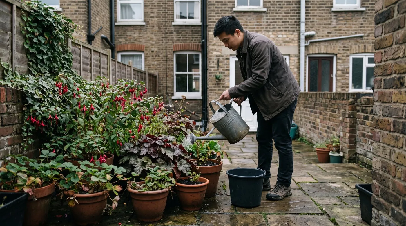 Young man watering nematodes into patio pots of fuchsias and heucheras on an autumn evening