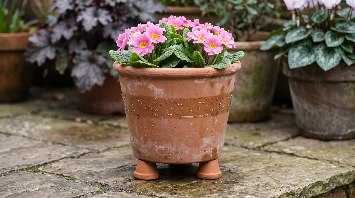 Terracotta pot of primulas with a band of sticky barrier glue to stop vine weevils climbing