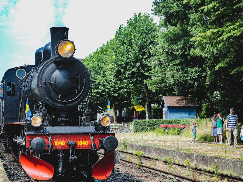 Vintage steam locomotive in a garden railway setting