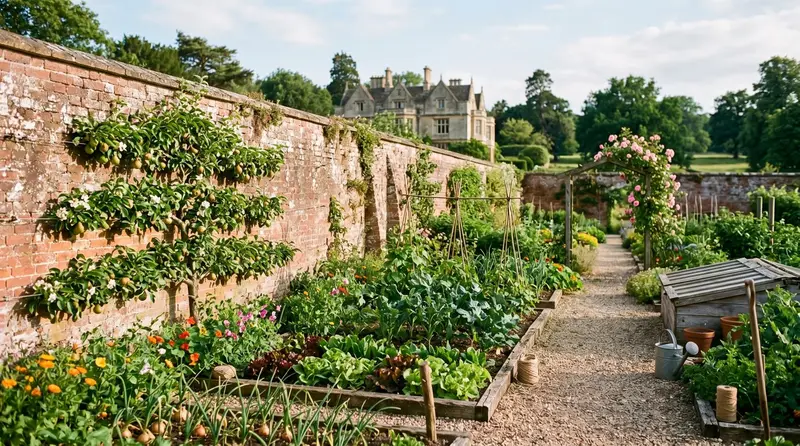Traditional brick walled garden in summer with espaliered fruit trained against a warm sunlit wall