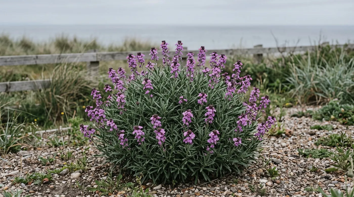 Bowles's Mauve perennial wallflower in full flower in a gravelly seaside garden