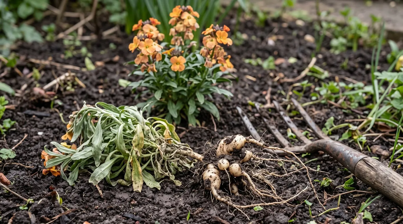 Lifted wallflower with lumpy swollen roots caused by clubroot beside a healthy plant