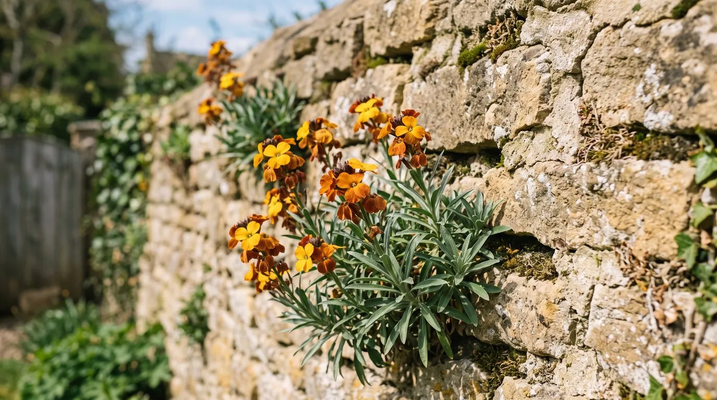 Yellow and orange wallflowers growing from crevices in an old sunny limestone wall