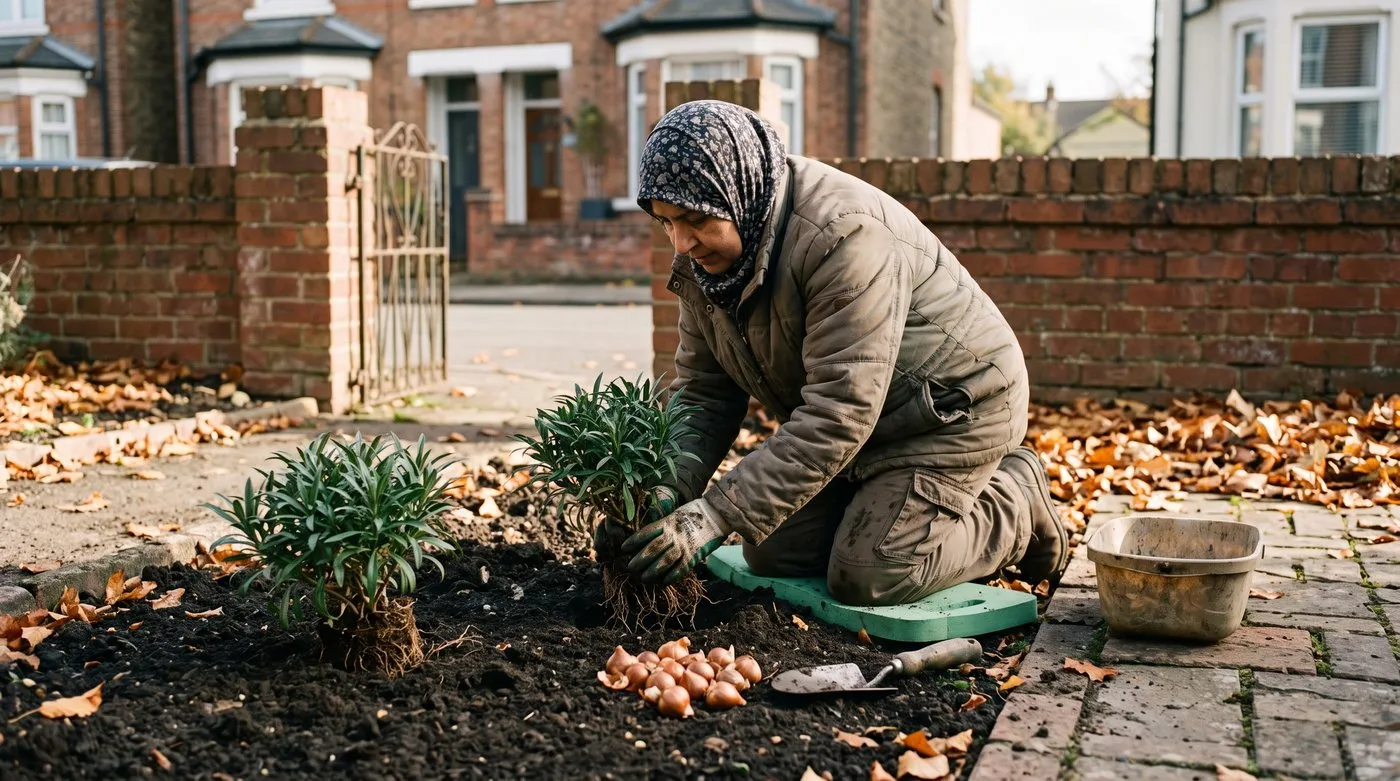 Gardener in a hijab planting bare-root wallflowers in an autumn bed with tulip bulbs nearby