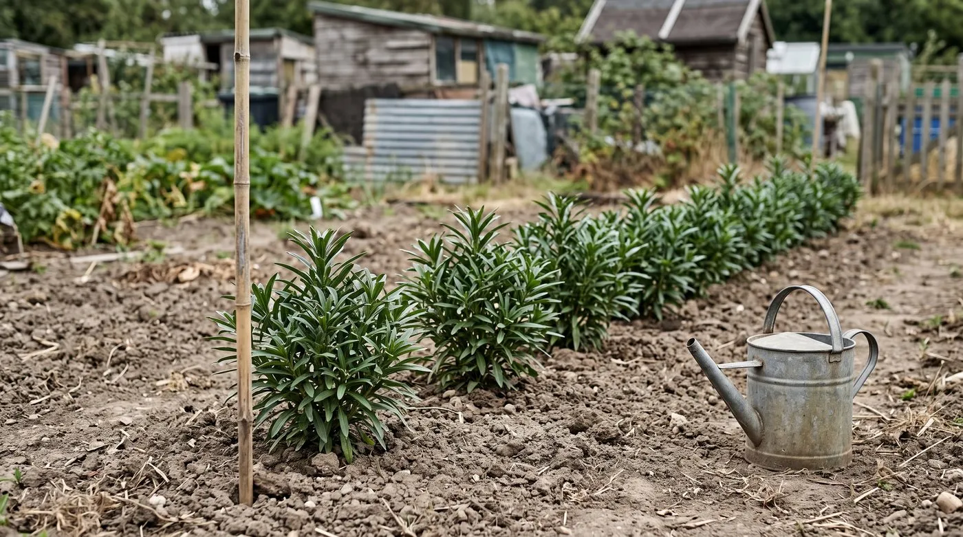 Young bushy wallflower plants growing 15cm apart in a nursery row in late summer