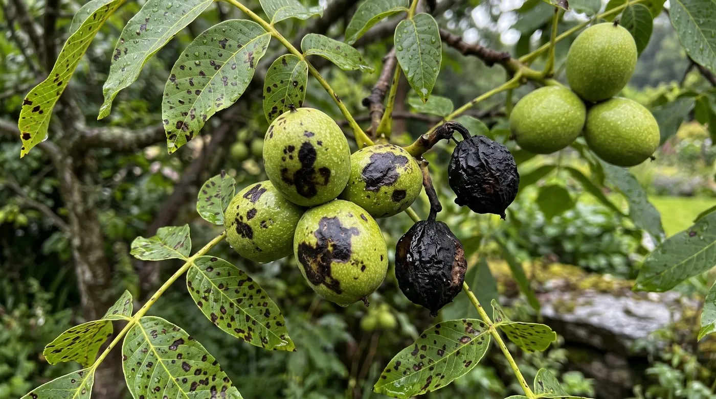 Young walnuts with black blight patches and spotted leaves beside healthy green nuts on a branch