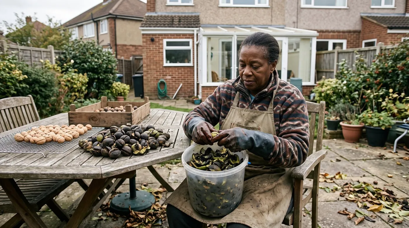 Gloved hands peeling green husks off fresh walnuts beside a rack of cleaned nuts drying