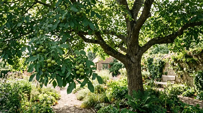 Mature walnut tree in a UK garden in September with green husked walnuts visible on lower branches and dappled afternoon