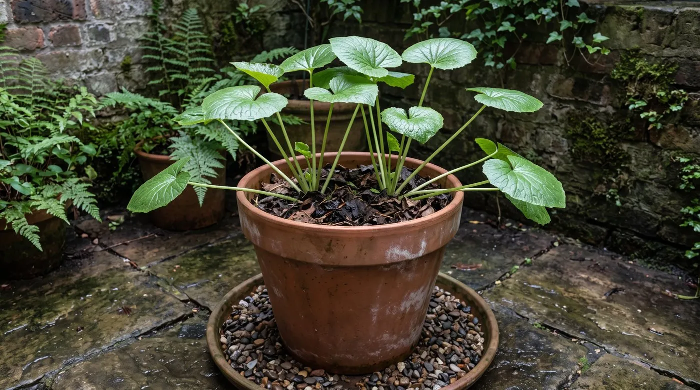 Wasabi plant with heart-shaped leaves in a large pot on wet gravel in a shady courtyard