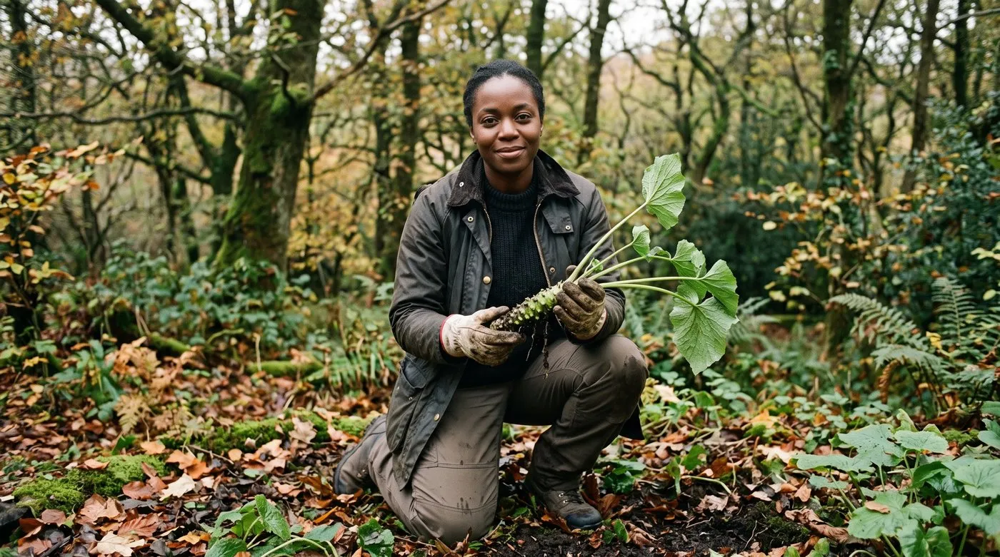 Gardener holding a freshly lifted wasabi plant showing its knobbly green rhizome