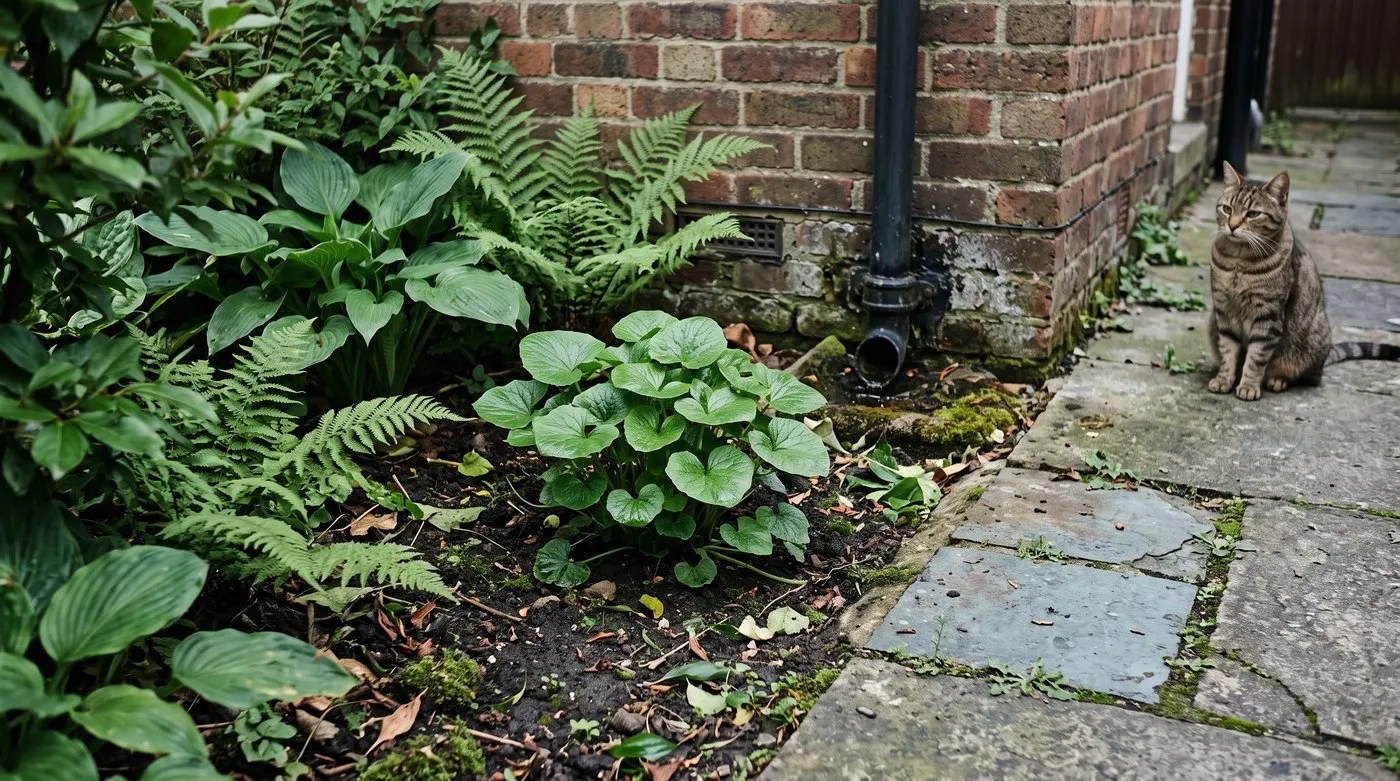 Wasabi plants in a damp shady border at the foot of a north-facing wall beside ferns