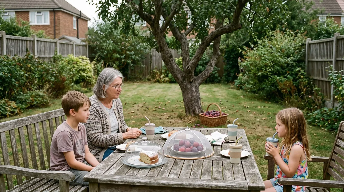 Grandmother and grandchildren at a garden table with covered food and lidded drinks in late summer