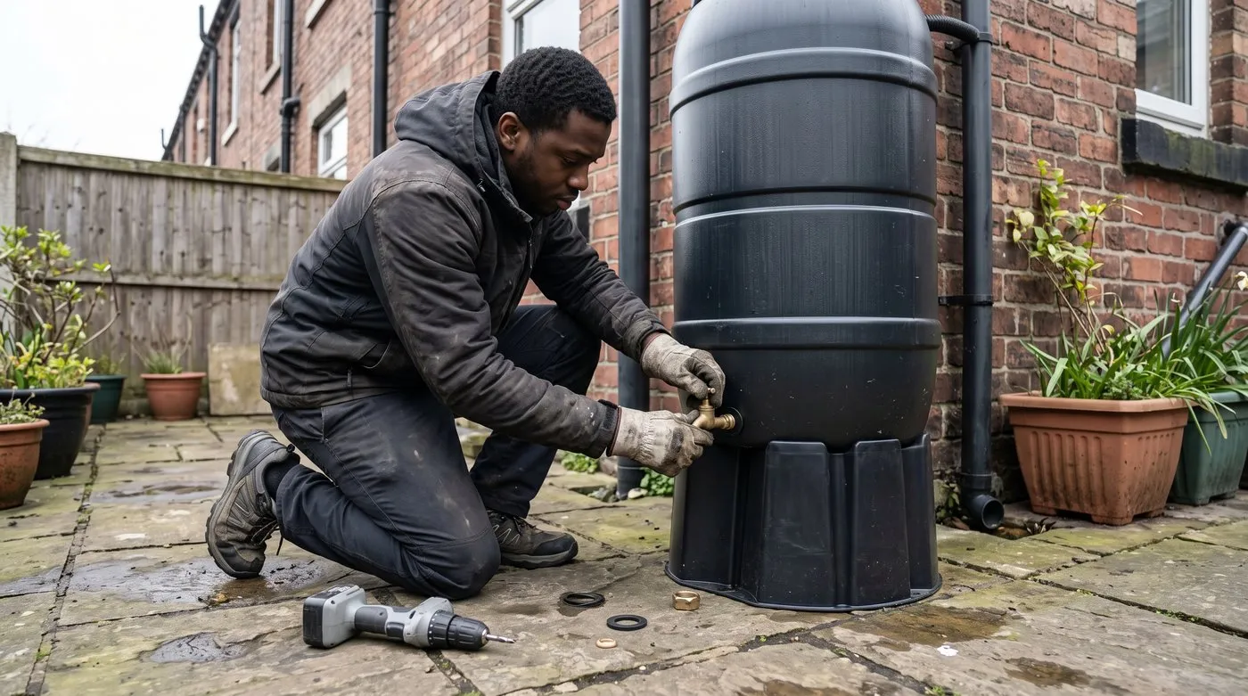 Gloved hands fitting a brass tap with a rubber washer low on the front of a black water butt