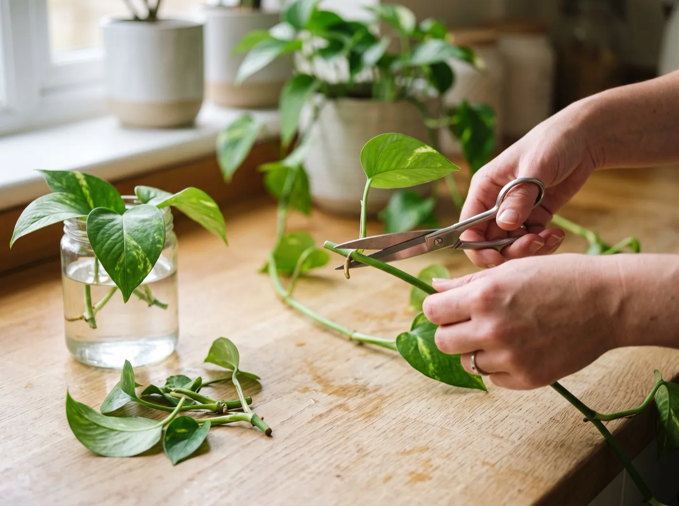 Hands cutting a pothos stem 1cm below a leaf node with scissors on a wooden UK kitchen worktop