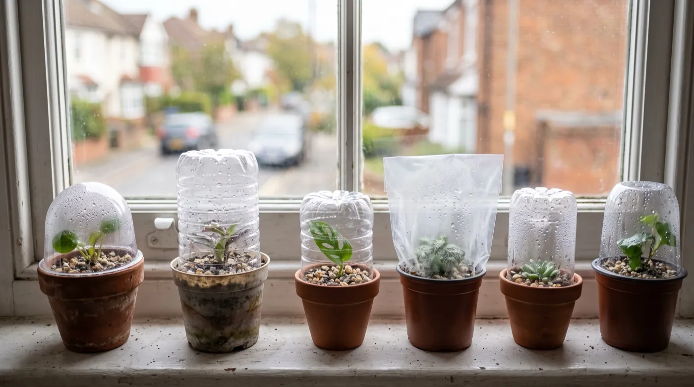 Rows of newly potted water cuttings under clear plastic covers on a bright UK windowsill after transfer to gritty compost