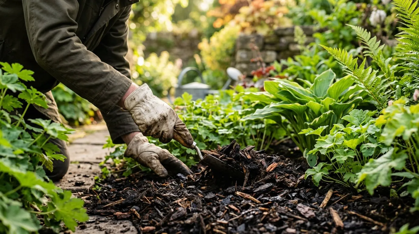 Water efficient bark mulch being spread around plants in a UK garden border