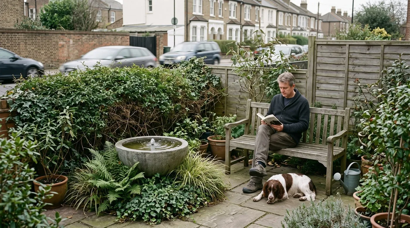 Small bowl fountain placed between a patio bench and a hedge, with a man reading and a spaniel