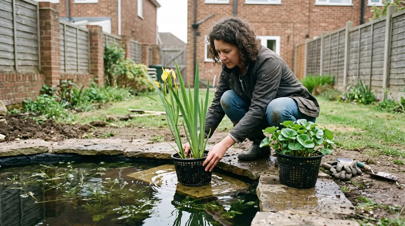 Woman placing a basket of iris on the shallow shelf of a new garden pond