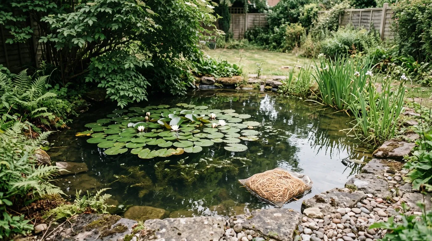 Clear garden pond shaded by water lily pads with hornwort below and a small net of barley straw