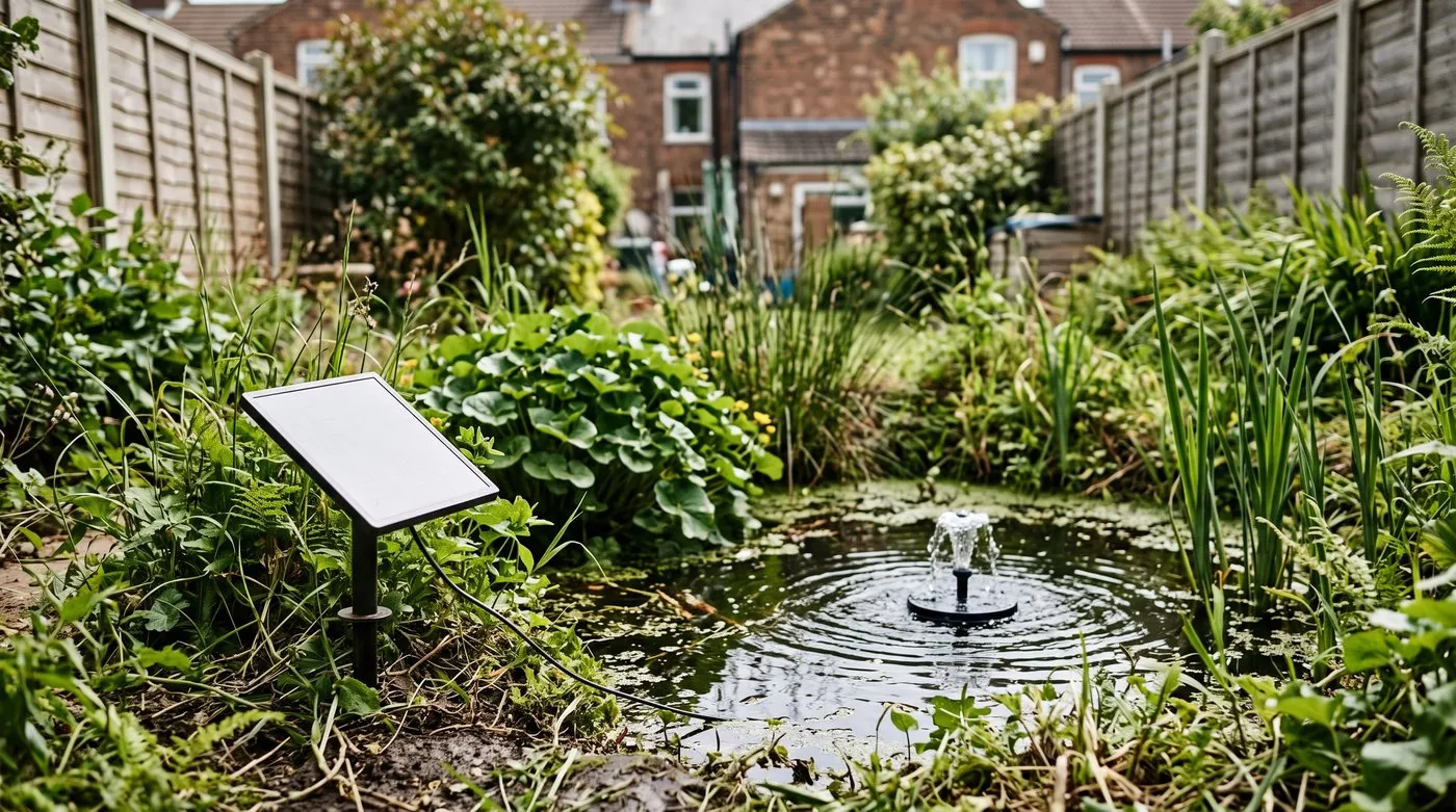 Small solar panel staked beside a wildlife pond powering a gentle bubbling water feature