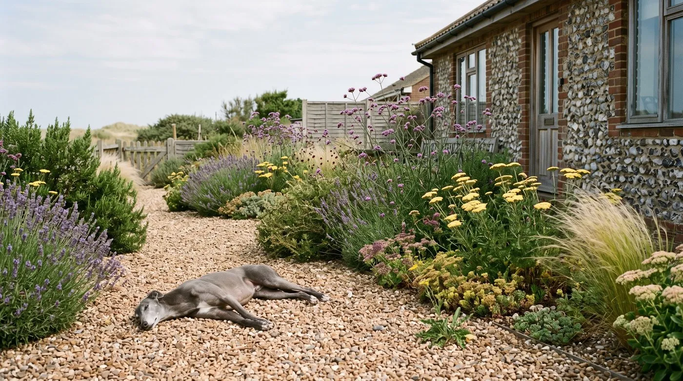 A sunny gravel garden of lavender, verbena, achillea and grasses, with a greyhound lying on the path
