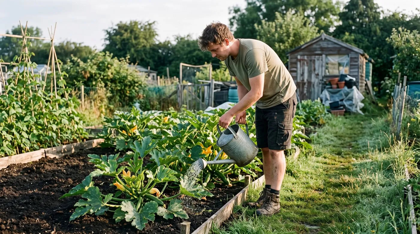 A young man watering courgettes at the roots with a watering can early on a summer morning