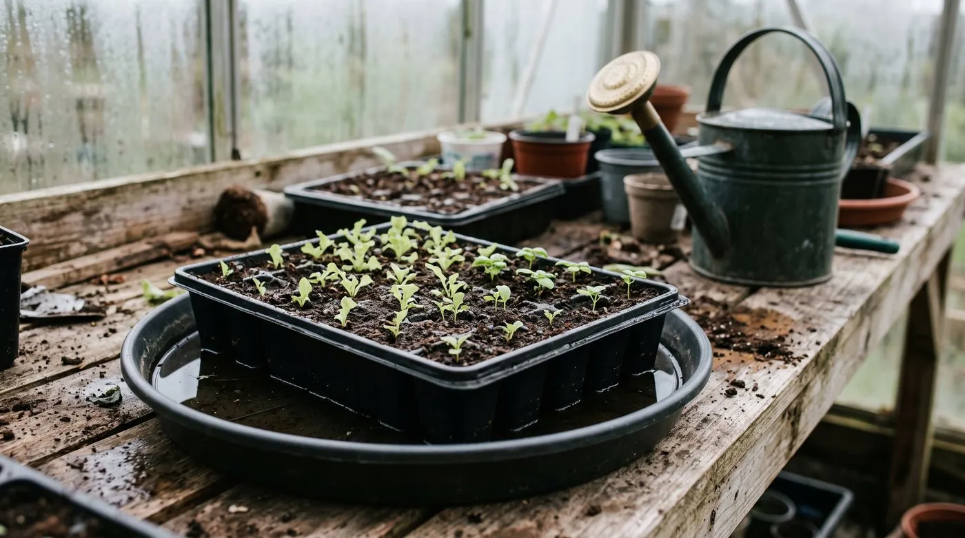 A seed tray of young seedlings standing in a shallow dish of water to soak up moisture from below