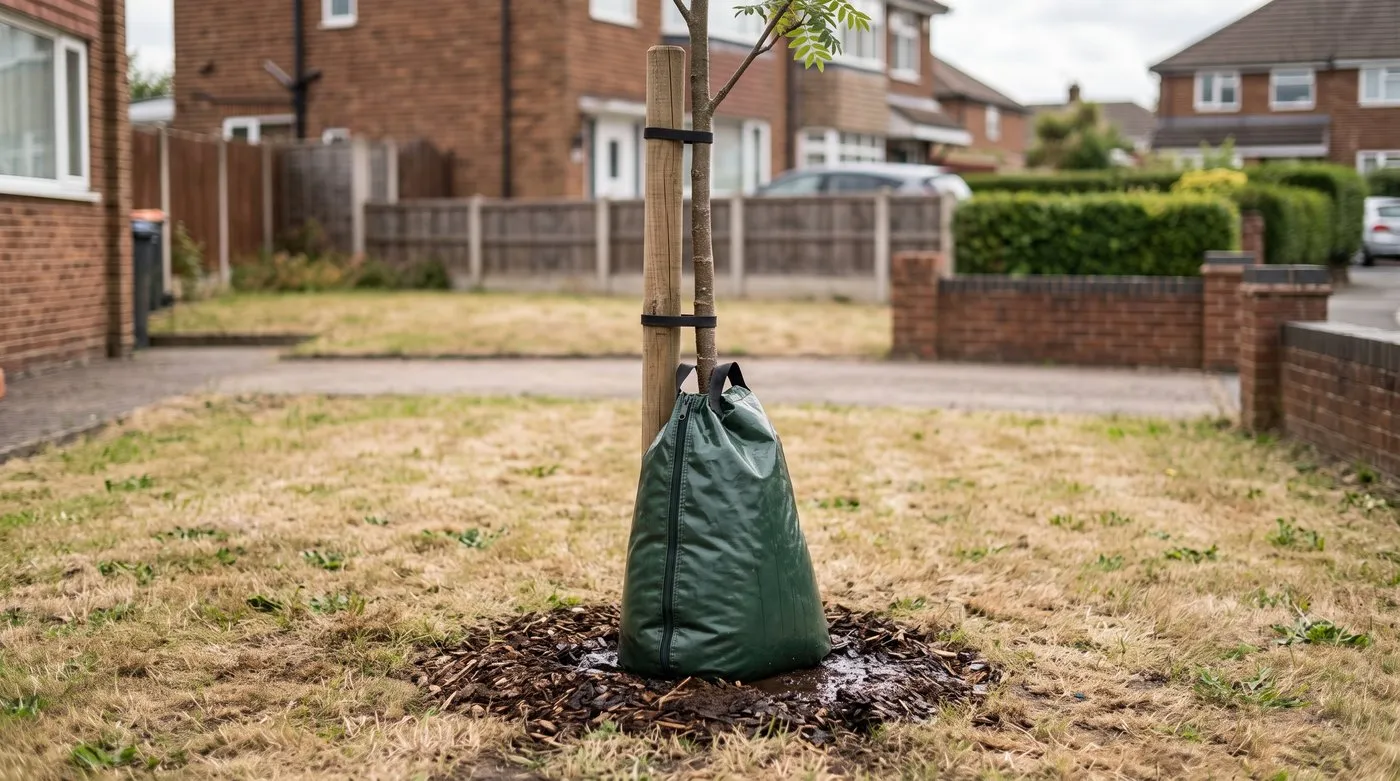 A young tree with a zip-up watering bag round its trunk slowly releasing water to the roots