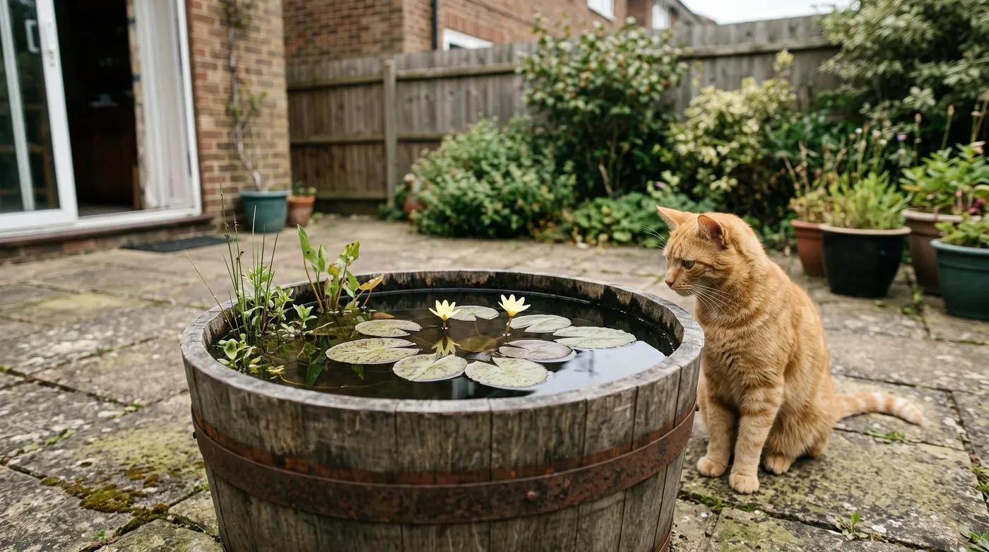 Miniature yellow water lily flowering in a half-barrel pond on a patio, with a ginger cat sitting beside it