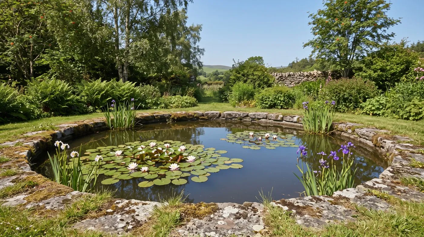 Sunny stone-edged garden pond with still water and white water lilies flowering among round pads