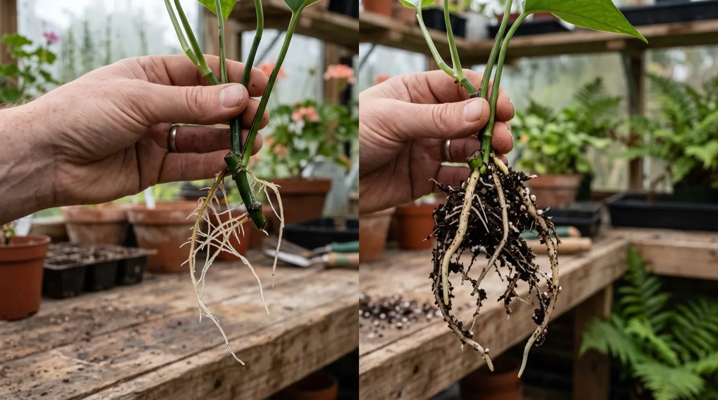 Comparison of thin white brittle water roots against thicker pale soil roots on two cuttings held over a UK potting bench