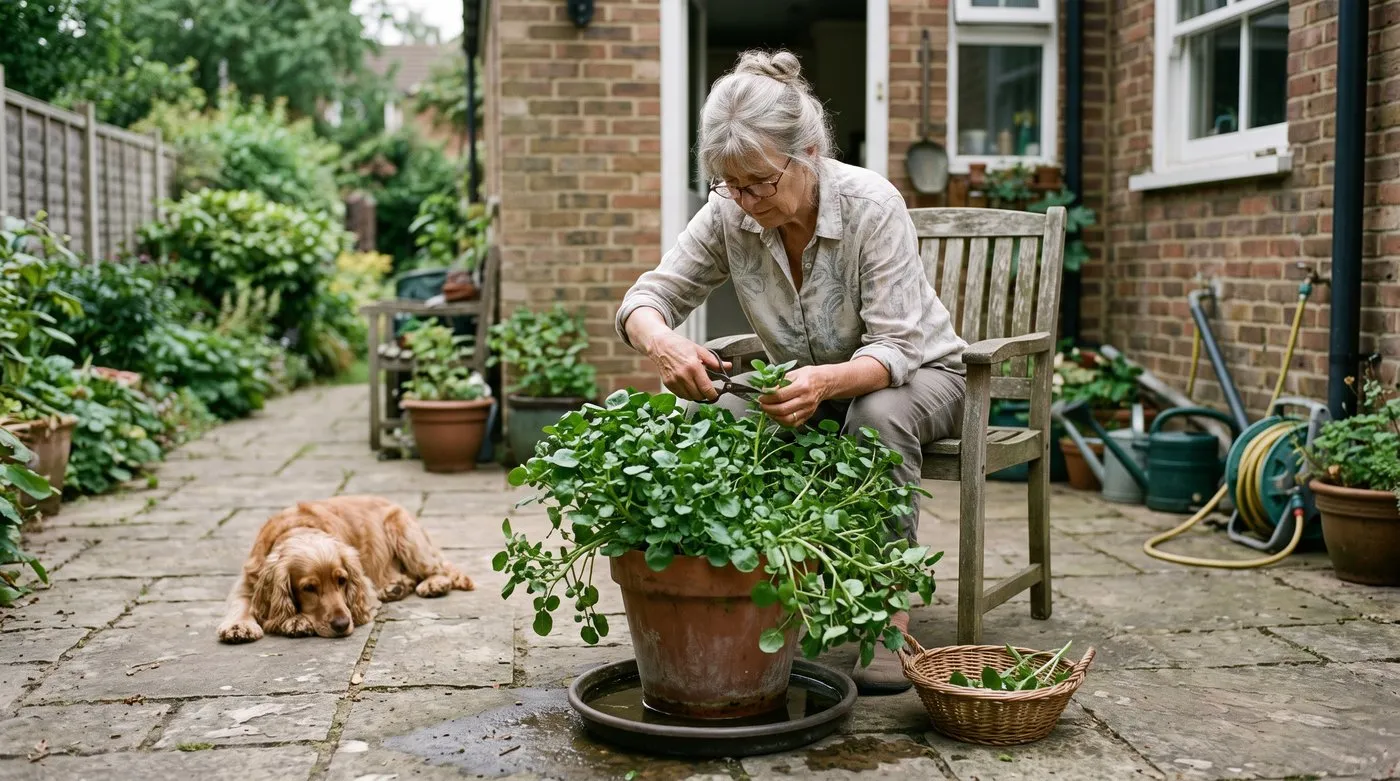 Woman snipping the tips of watercress from a pot stood in a tray of water while a dog rests nearby