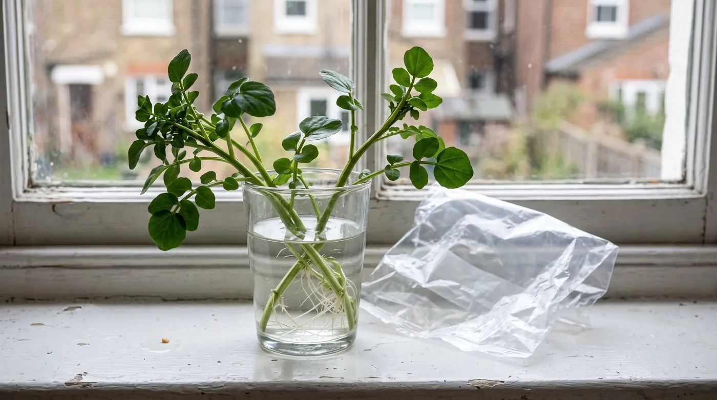 Watercress stems with fresh white roots standing in a glass of water on a kitchen windowsill