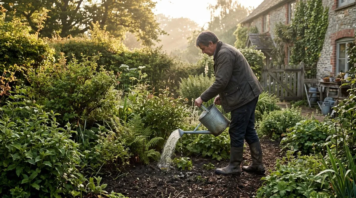 Watering at the base of plants early in the morning in a UK cottage garden