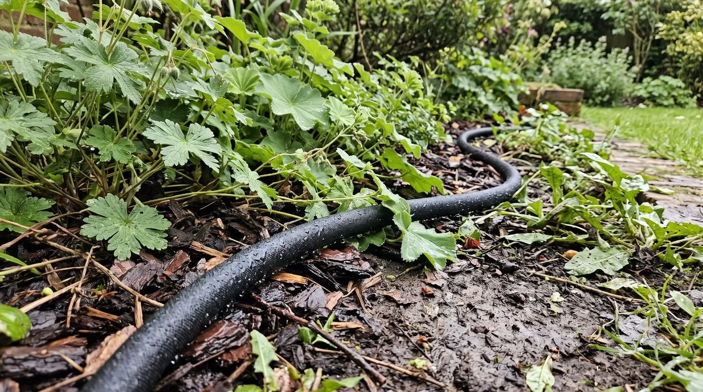 Soaker hose laid along the base of a planted UK garden border with bark mulch around plants