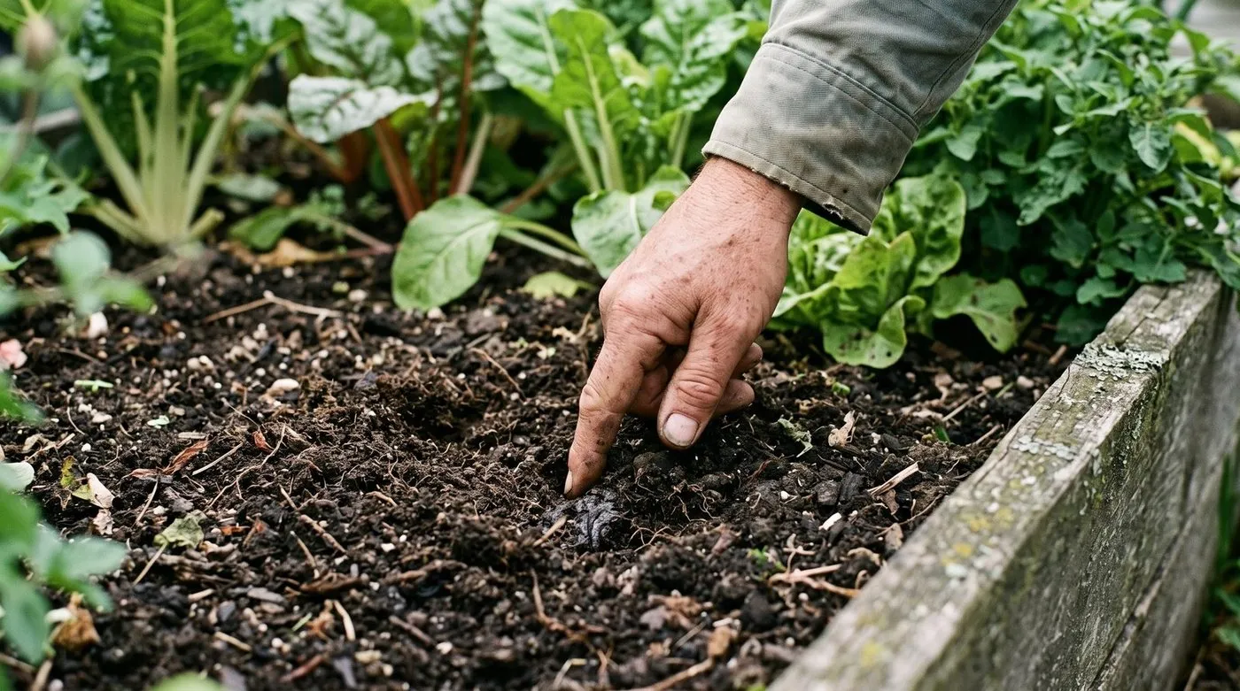 Gardener checking soil moisture with their finger in a UK vegetable plot in summer