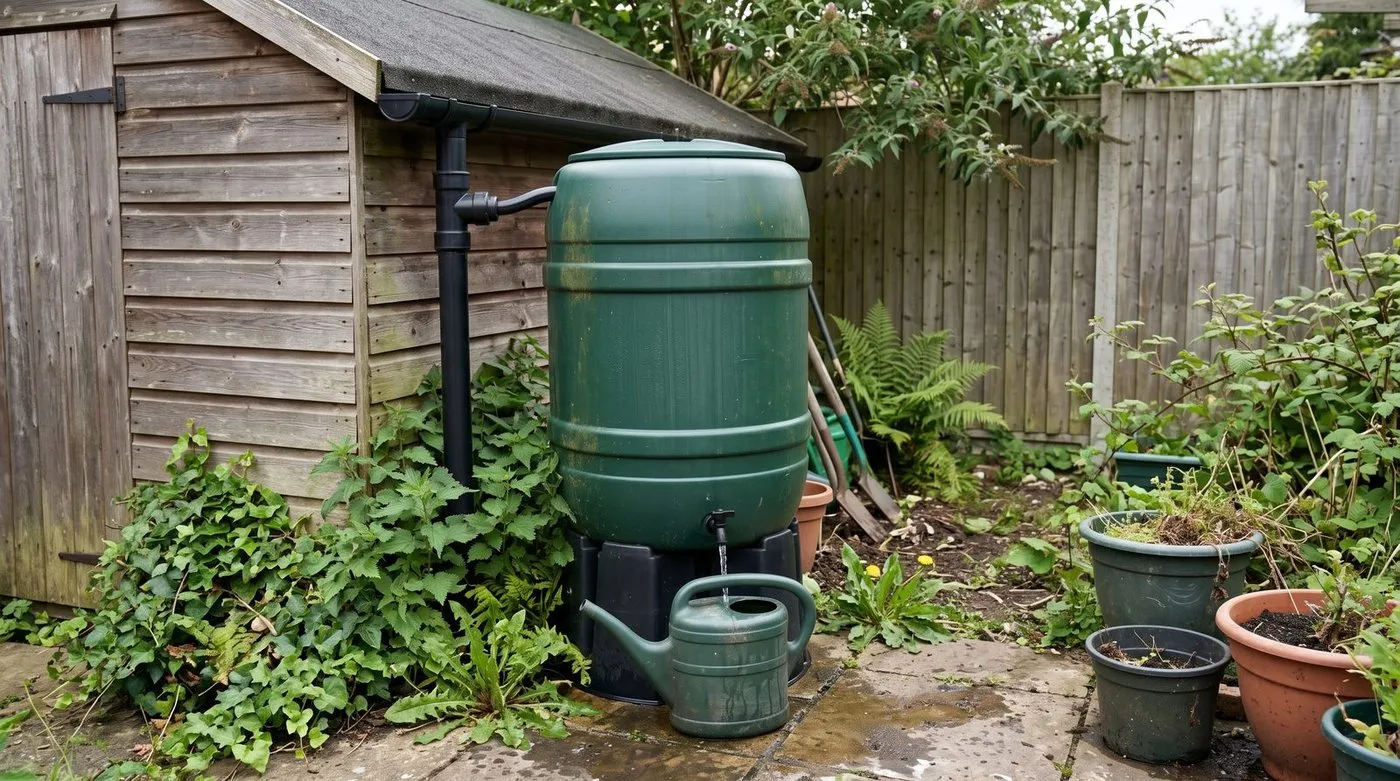 Watering cans and a water butt in a UK back garden, showing rainwater harvesting setup