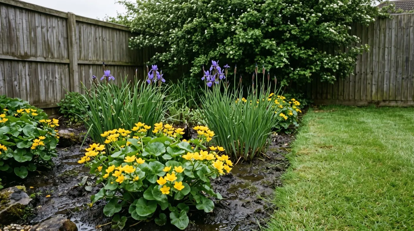 UK garden bog planting with marsh marigold and iris in a permanently wet low corner beside mown lawn