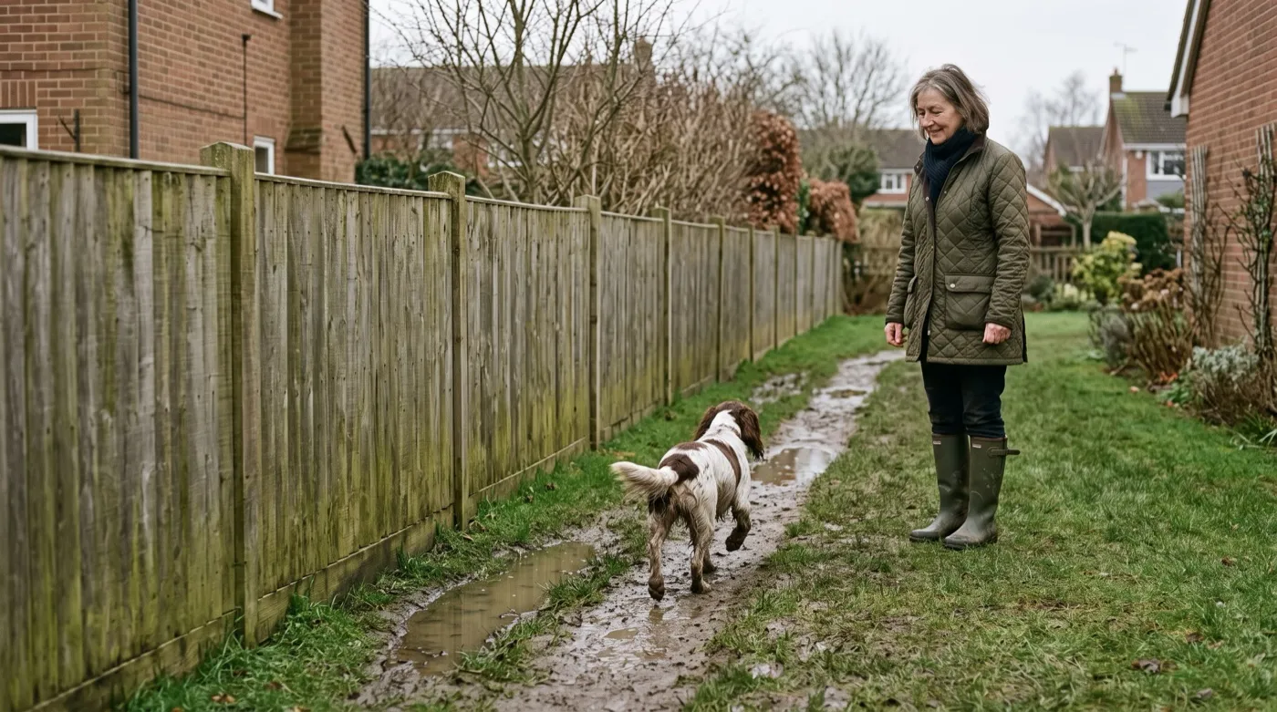 Worn muddy dog patrol line along a fence on a waterlogged UK lawn with a spaniel and its owner