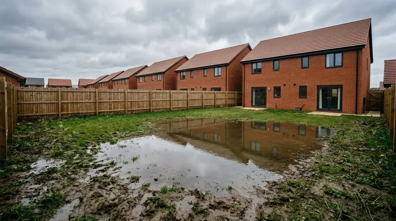 Waterlogged lawn on a UK new-build estate with standing water across thin turf after heavy winter rain