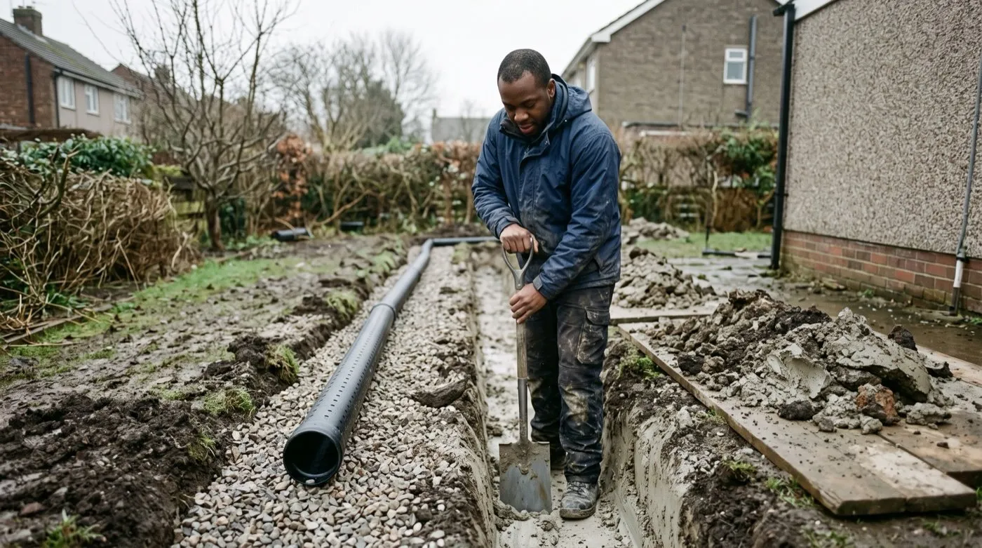 Gardener digging a land drain trench across a waterlogged UK lawn with perforated pipe on a gravel bed