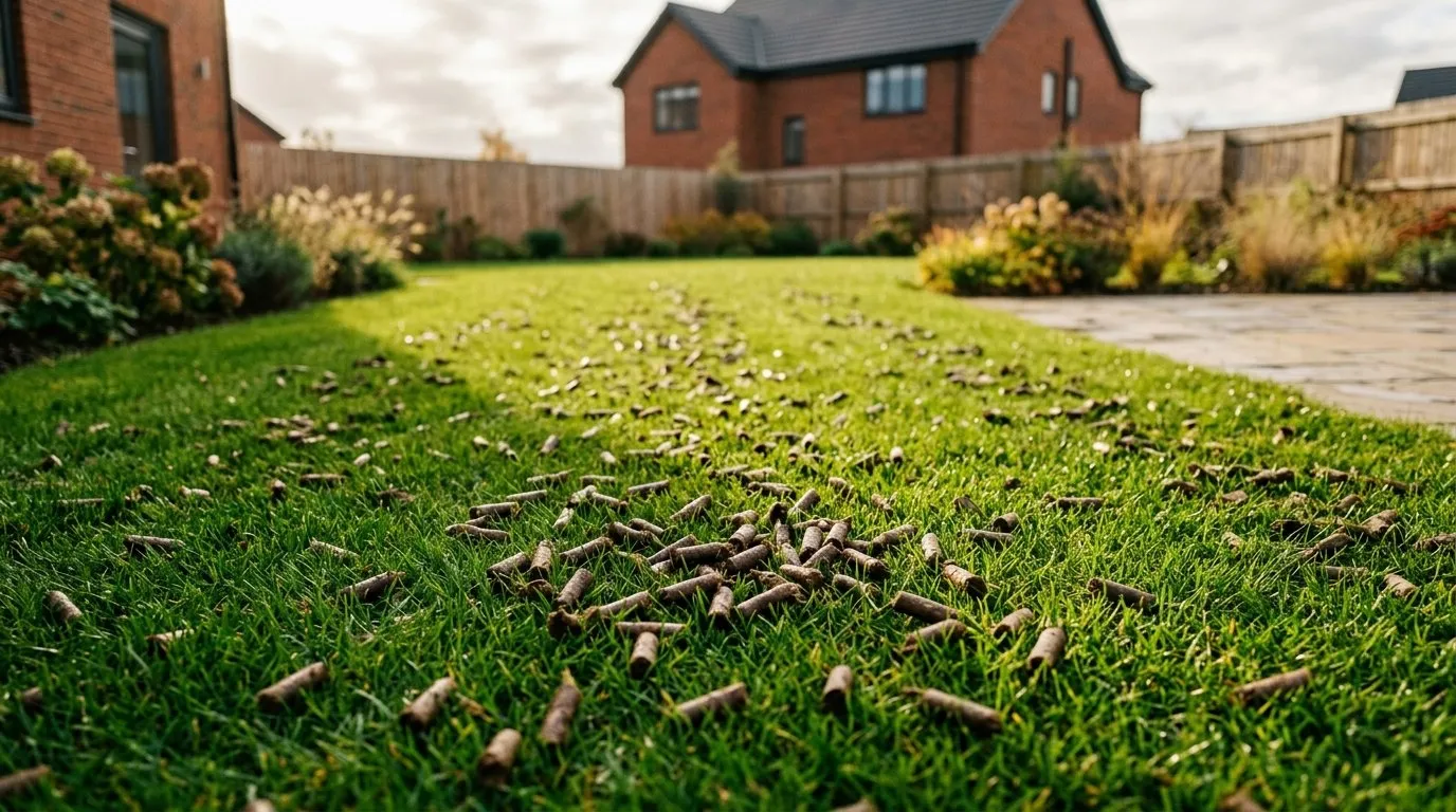 Healthy free-draining UK back lawn in autumn with no standing water and hollow-tine cores on the surface