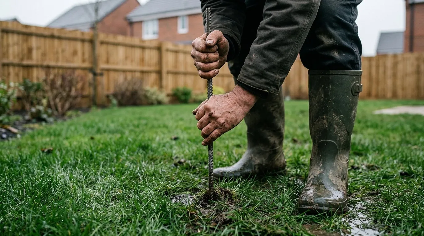 Steel rod probe pushed into a wet UK lawn to test for a buried compaction pan, gardener's hands and boots visible